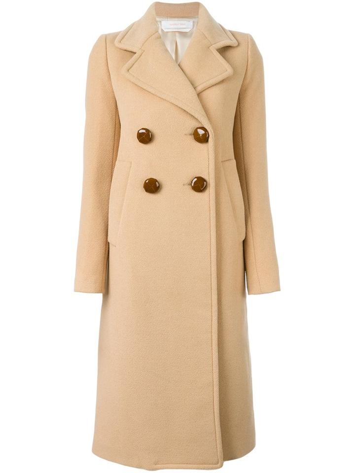 See By Chloé Double Breasted Long Coat, Women's, Size: 36, Nude/neutrals, Cotton/leather/polyester/wool
