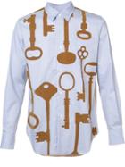 Junya Watanabe Comme Des Garçons Man Keys Print Striped Shirt, Men's, Size: Small, Blue, Cotton/rayon