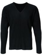 Homme Plissé Issey Miyake - Pleated Long Sleeve V-neck T-shirt - Men - Polyester - 3, Black, Polyester