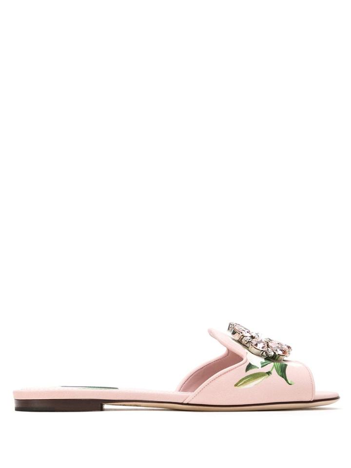 Dolce & Gabbana Lily-print Sandals With Brooch Detail - Pink