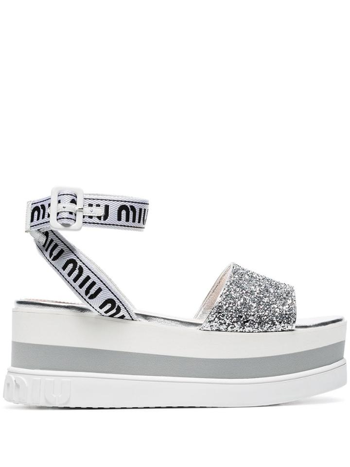 Miu Miu White 75 Glitter Embellished Logo Strap Leather Flatform