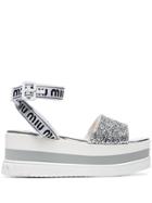 Miu Miu White 75 Glitter Embellished Logo Strap Leather Flatform