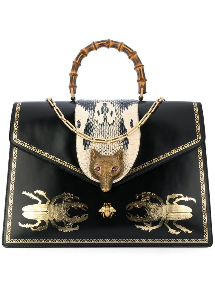 Gucci Broche Beetle Print Top Handle Bag - Black