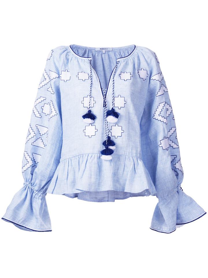 March 11 - Embroidered Tunic Blouse - Women - Linen/flax - M, Blue, Linen/flax