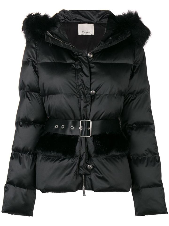 Pinko Fur Hood Trim Padded Jacket - Black