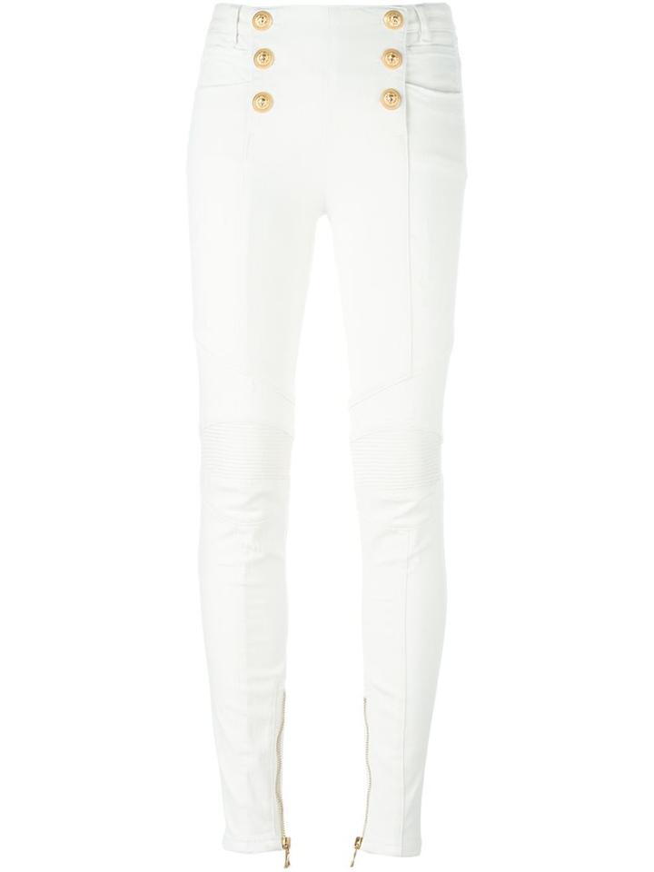 Balmain Button Placket Skinny Jeans, Women's, Size: 36, White, Cotton/spandex/elastane