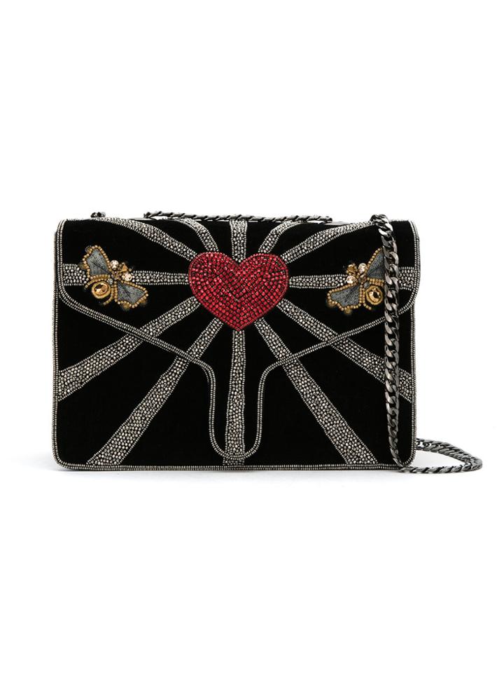 Isla Embroidered Velvet Shoulder Bag - Black