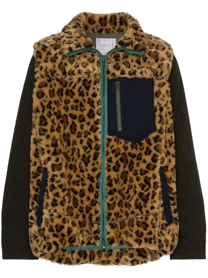 Sacai Leopard Print Faux-fur Coat - Brown