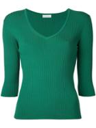 Estnation - Ribbed V-neck Top - Women - Rayon - 38, Green, Rayon