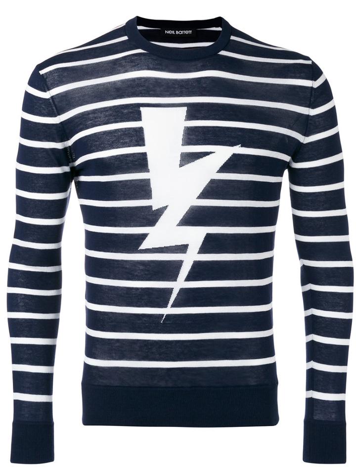 Neil Barrett Striped Lightning Print Sweater, Men's, Size: Xl, Blue, Cotton
