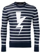 Neil Barrett Striped Lightning Print Sweater, Men's, Size: Xl, Blue, Cotton