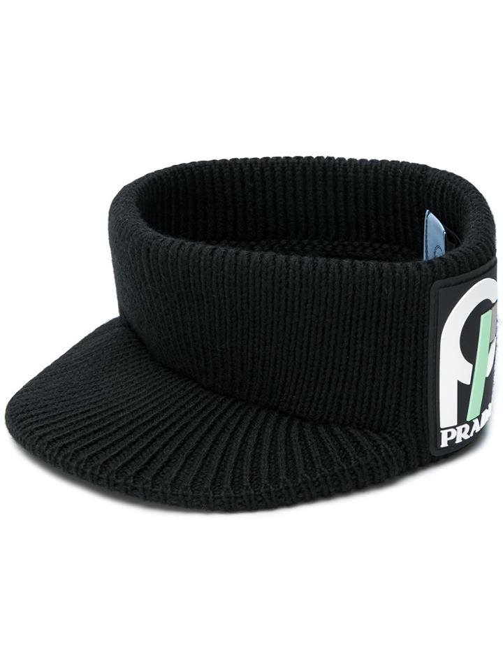 Prada Logo Patch Knitted Hat - Black