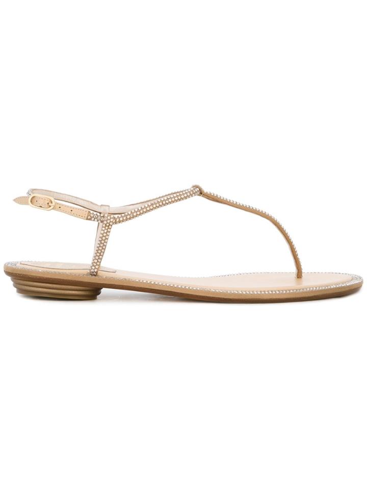 René Caovilla Embellished Thong Flat Sandals - Nude & Neutrals