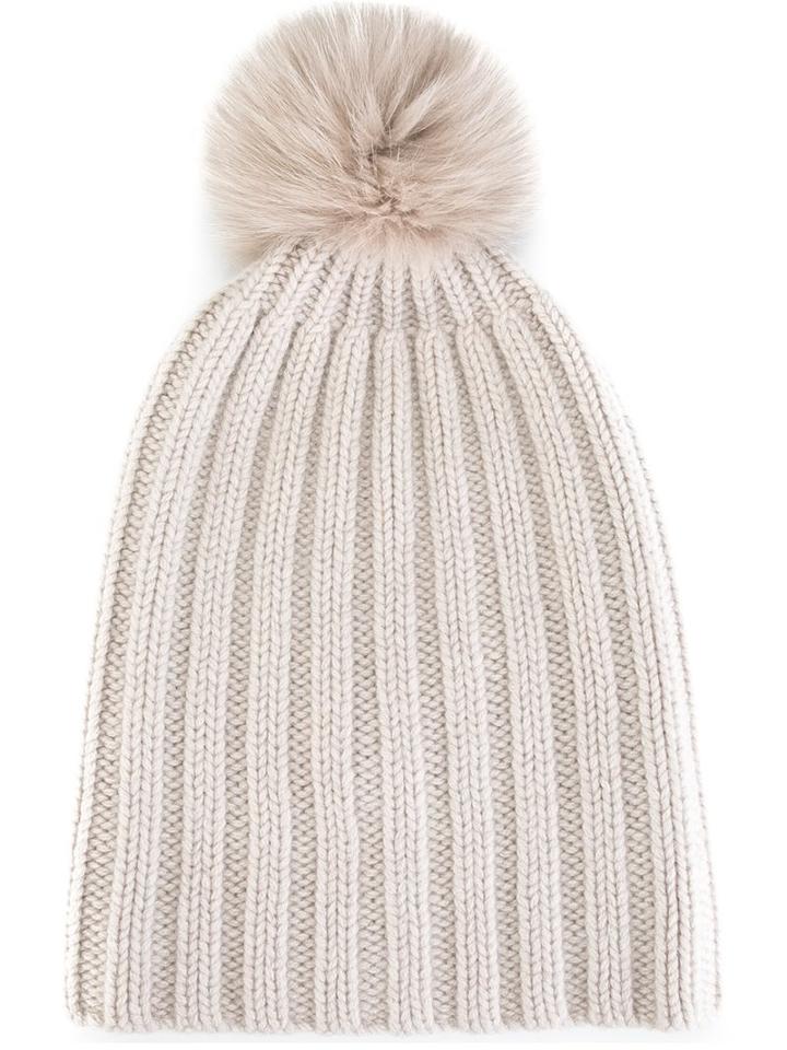 Danielapi - Pompom Ribbed Beanie - Unisex - Cashmere - One Size, Nude/neutrals, Cashmere