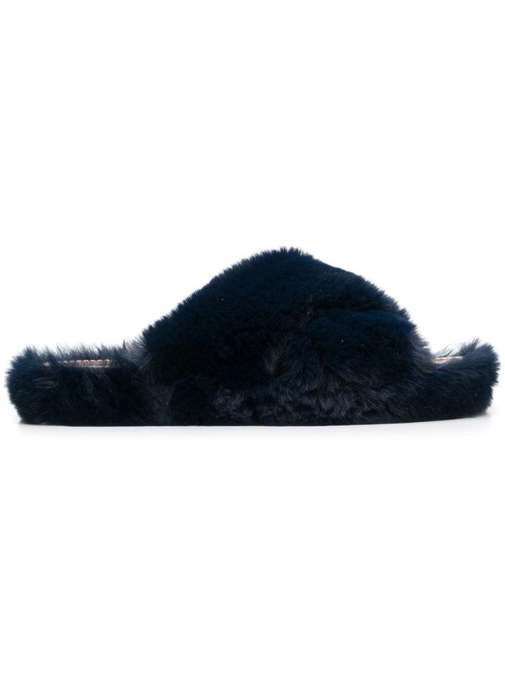 Flamingos Eco Fur Slippers - Blue