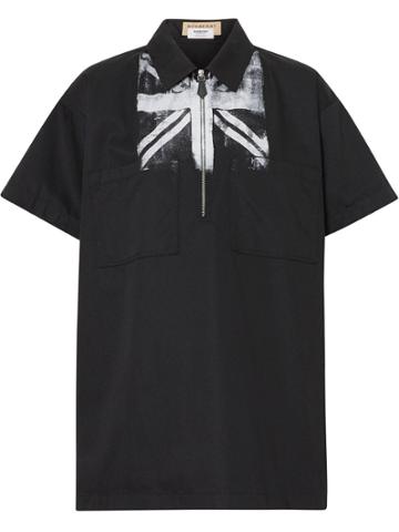 Burberry Short-sleeve Union Jack Print Cotton Shirt - Black