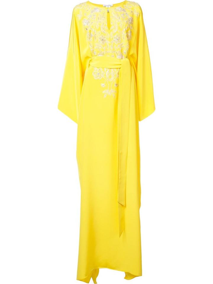 Oscar De La Renta Split Neck Caftan Dress, Women's, Size: Large, Yellow/orange, Silk