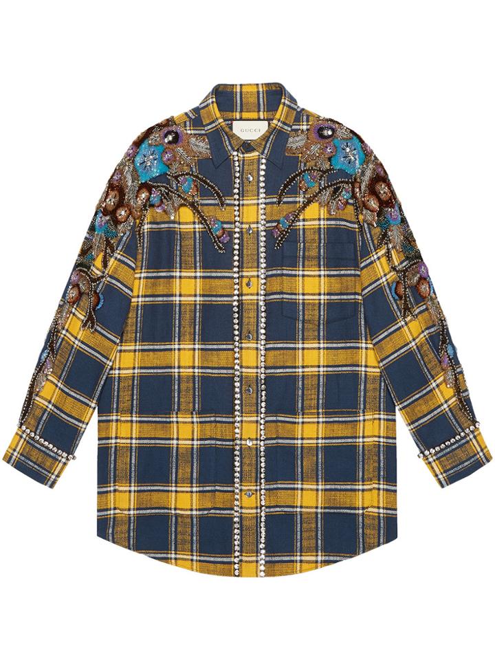 Gucci Embroidered Plaid Oversized Shirt - Blue