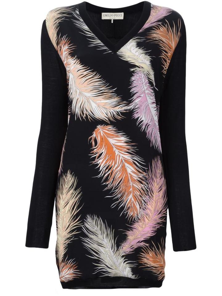 Emilio Pucci Feather Print Knitted Dress, Women's, Size: Large, Black, Silk/merino