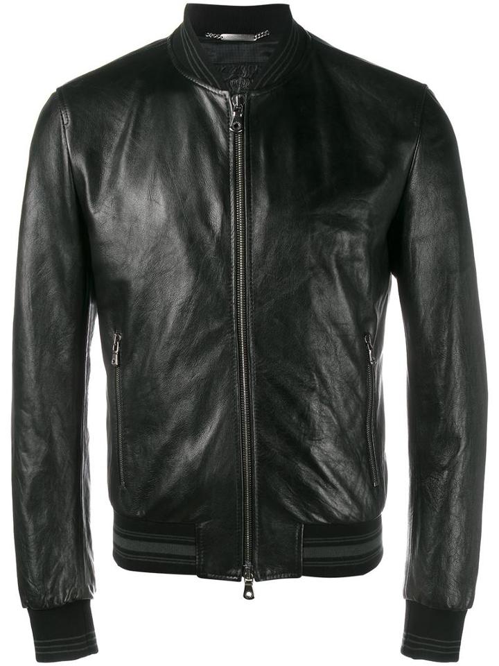 Dolce & Gabbana Leather Bomber Jacket, Men's, Size: 50, Black, Lamb Skin/acetate/viscose/spandex/elastane