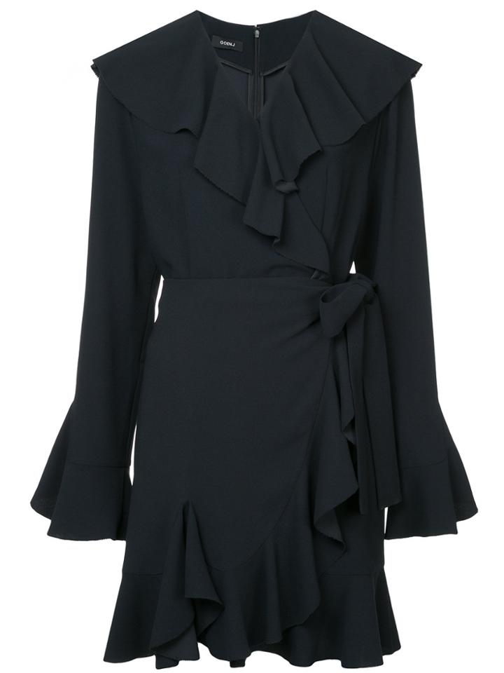 Goen.j Fluted Sleeve Ruffle Trim Wrap Dress - Blue