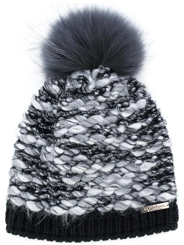 Norton Racoon Fur Pom Pom Textured Hat - Black