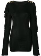 Balmain Ruffled Button Shoulder Blouse, Women's, Size: 38, Black, Viscose