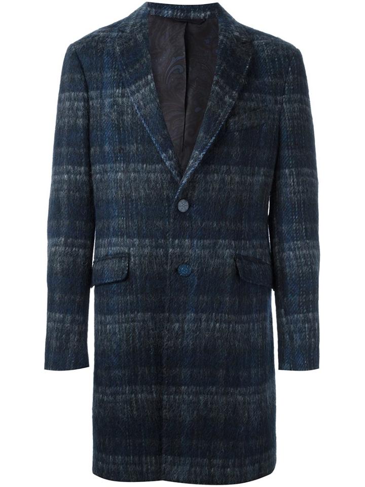 Etro Checked Coat, Men's, Size: 50, Blue, Silk/polyamide/acetate/alpaca
