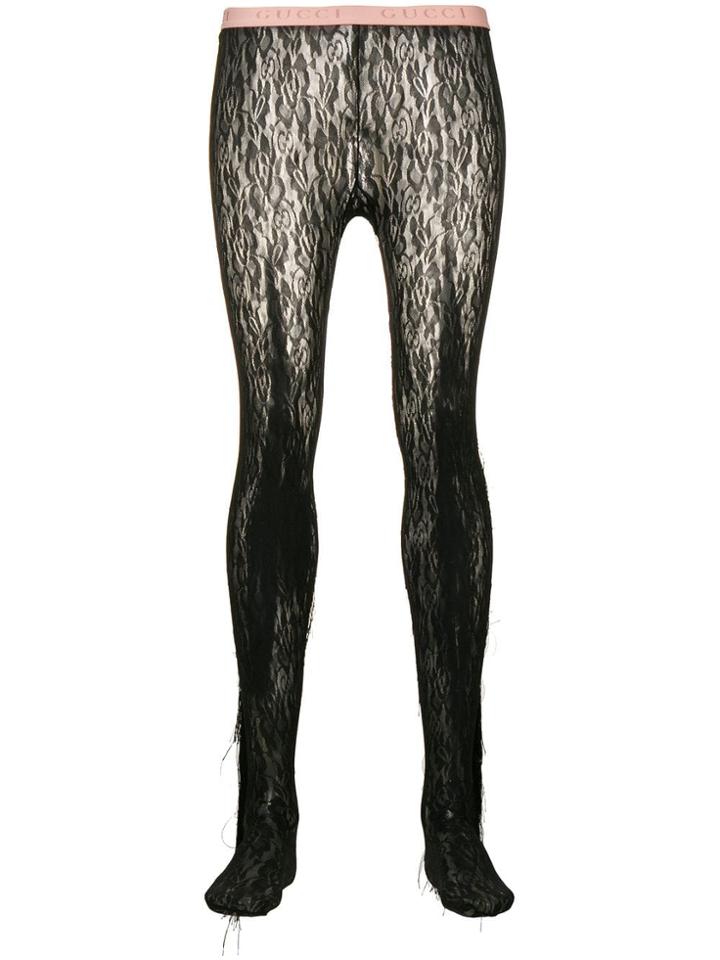 Gucci Fringed Floral Lace Tights - Black