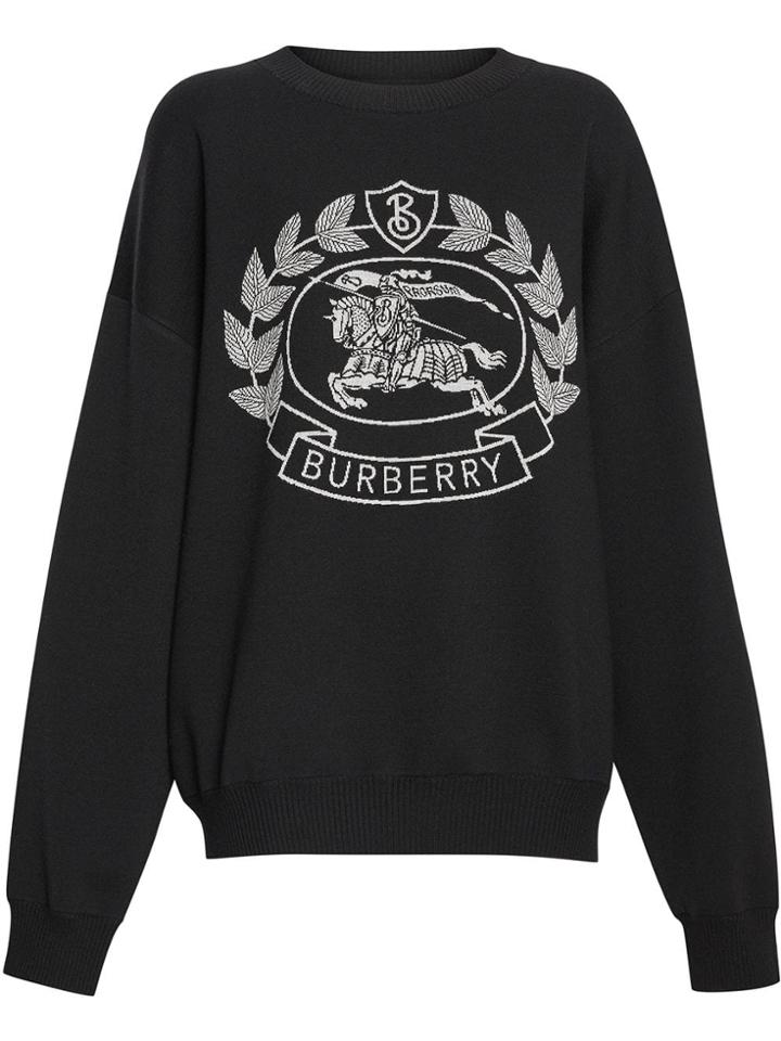 Burberry Crest Merino Wool Blend Jacquard Sweater - Black