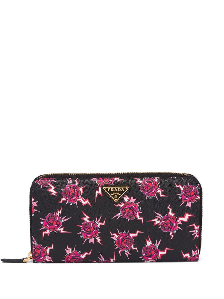 Prada Rose-print Logo Patch Wallet - Black