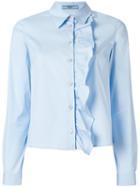 Prada Ruffle Detail Shirt, Women's, Size: 44, Blue, Cotton/polyamide/spandex/elastane