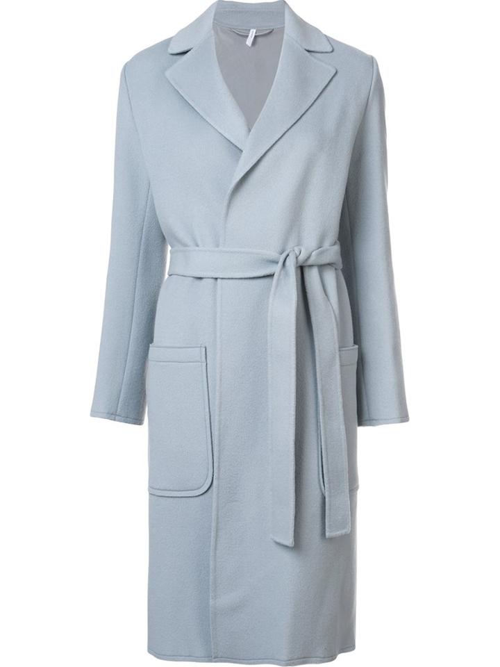 Helmut Lang Patch Pockets Belted Coat, Women's, Size: Medium, Blue, Cotton/cupro/cashmere/wool