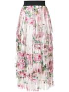 Dolce & Gabbana Tiered Fringed Rose Print Midi Skirt - Neutrals