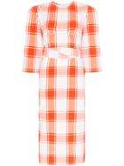 Pushbutton Check Print Three-quarter Sleeve Belted Midi Dress - Red