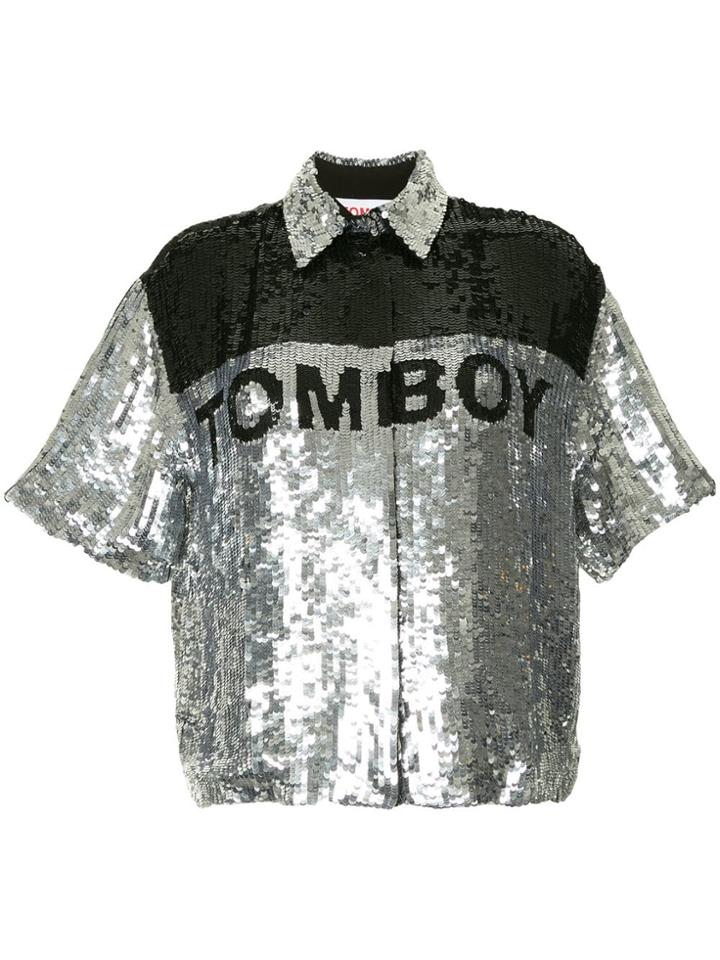 Filles A Papa Sequin Embroidered Logo Shirt - Silver