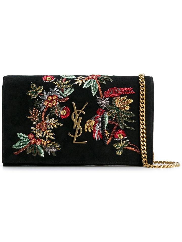 Saint Laurent Floral Embroidered Shoulder Bag - Black