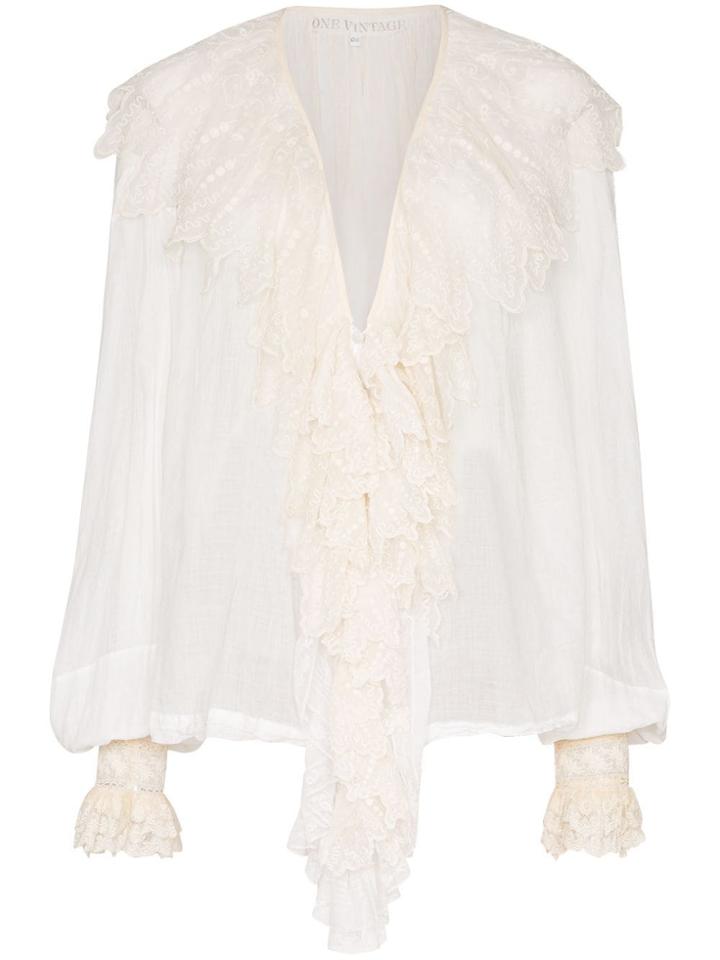 One Vintage Floral Embroidered Ruffled Shirt - White