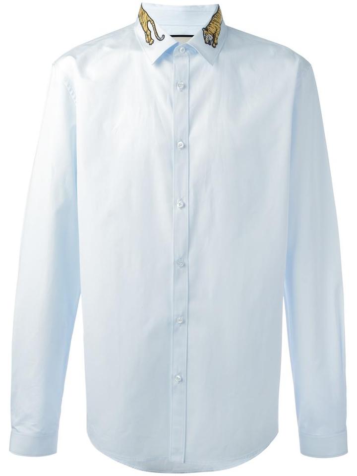 Gucci Tiger Embroidered Collar Shirt, Size: 42, Blue, Cotton