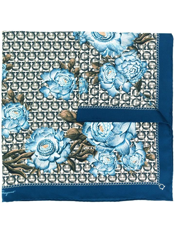Salvatore Ferragamo Gancini Print Silk Scarf - Blue