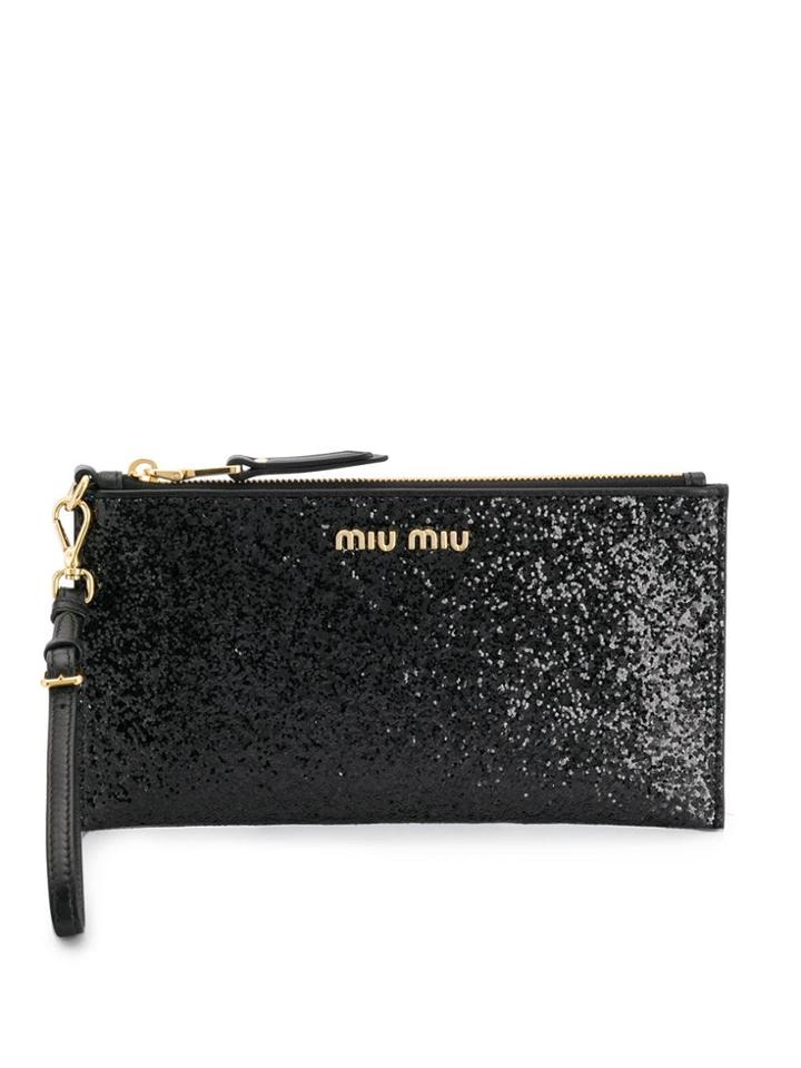 Miu Miu Glitter Logo Plaque Clutch Bag - Black