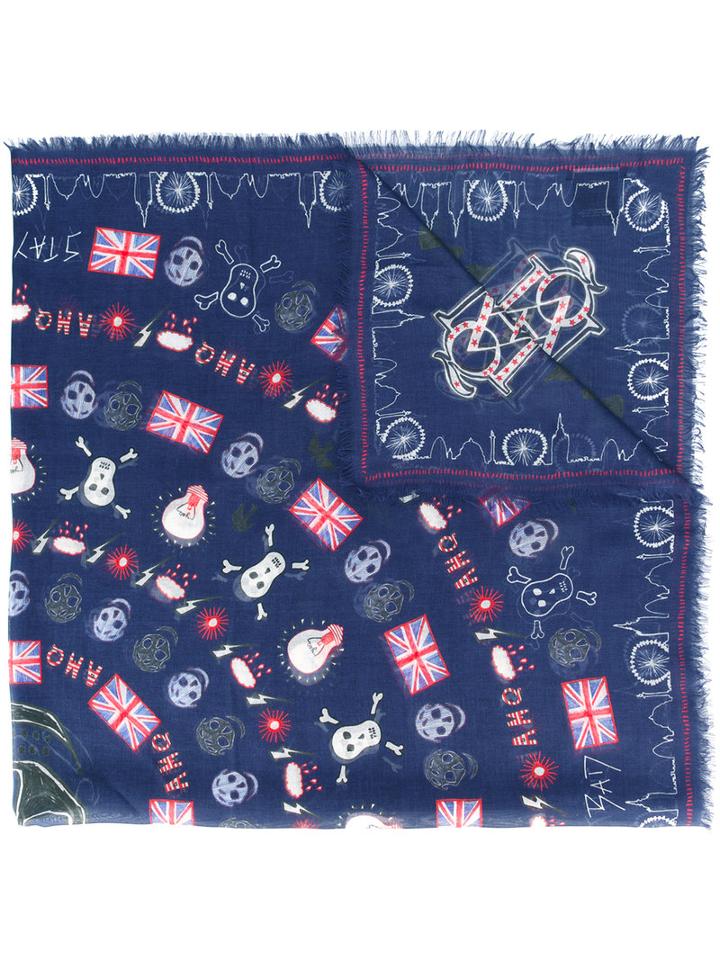 Alexander Mcqueen Skull And Flag Scarf, Men's, Blue, Silk/modal