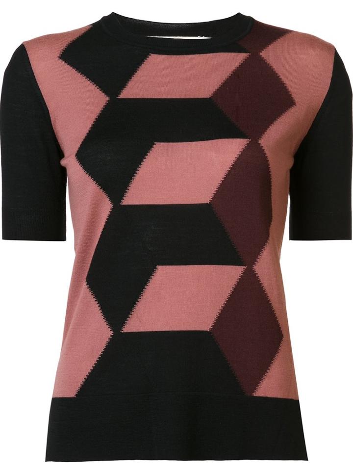 Marni Geometric Pattern Shortsleeved Blouse, Women's, Size: 36, Black, Virgin Wool