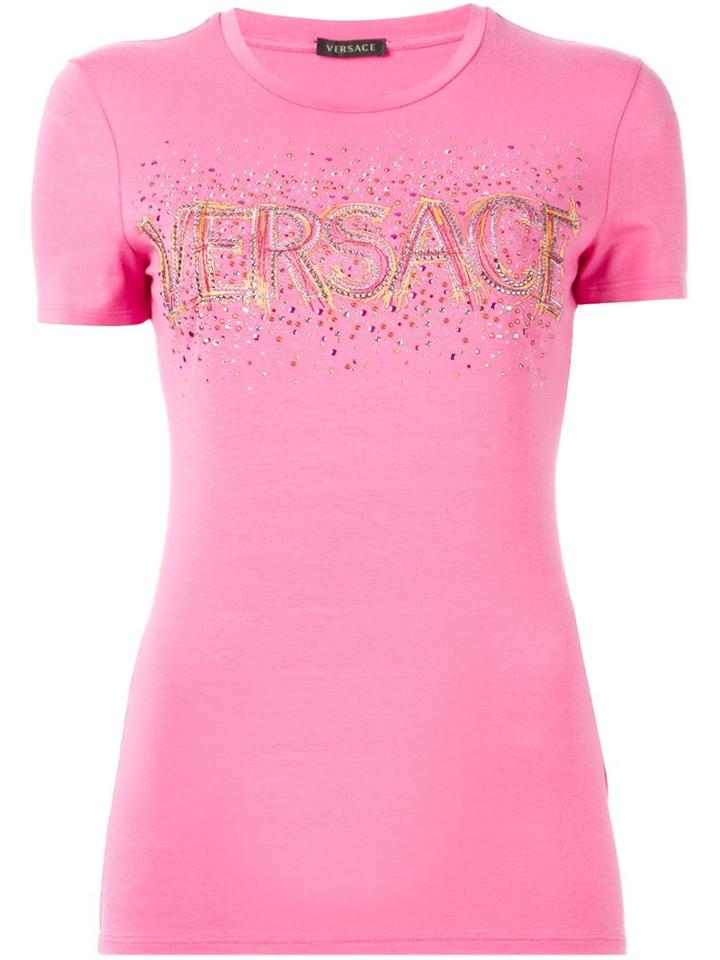 Versace Embellished Logo T-shirt, Women's, Size: 40, Pink/purple, Viscose/spandex/elastane