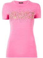 Versace Embellished Logo T-shirt, Women's, Size: 40, Pink/purple, Viscose/spandex/elastane