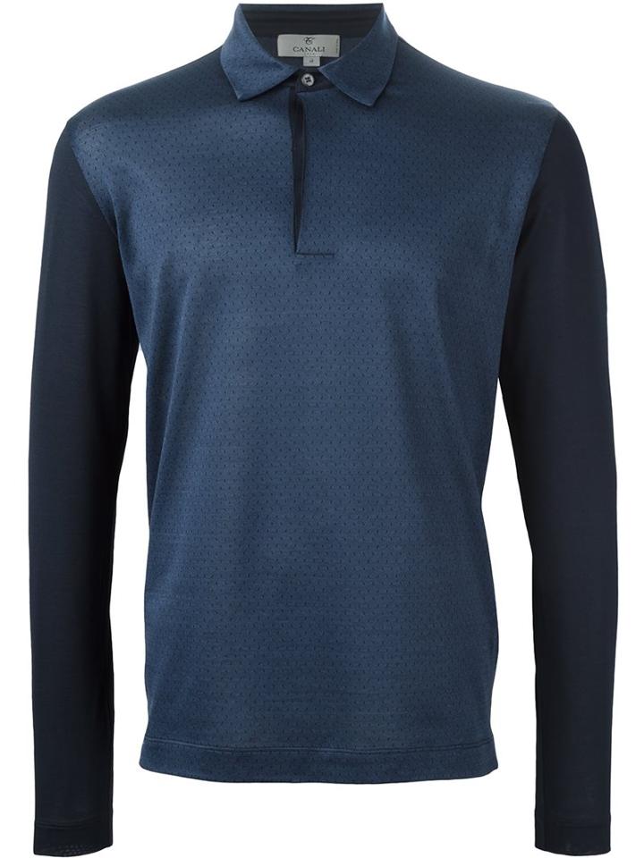 Canali Long Sleeve Polo Shirt, Men's, Size: 56, Blue, Cotton