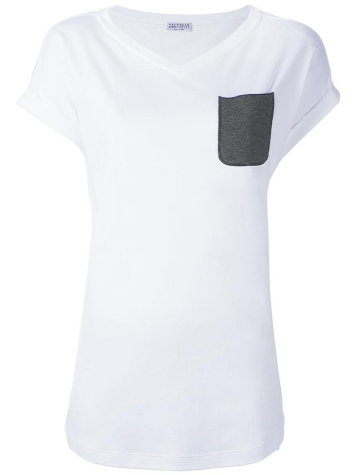 Brunello Cucinelli Front Pocket V Neck T-shirt, Women's, Size: Medium, White, Cotton/brass