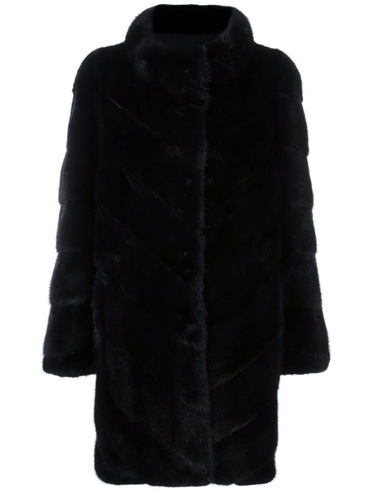 Yves Salomon Ribbed Button Down Coat, Women's, Size: 46, Black, Silk/mink Fur/polyester