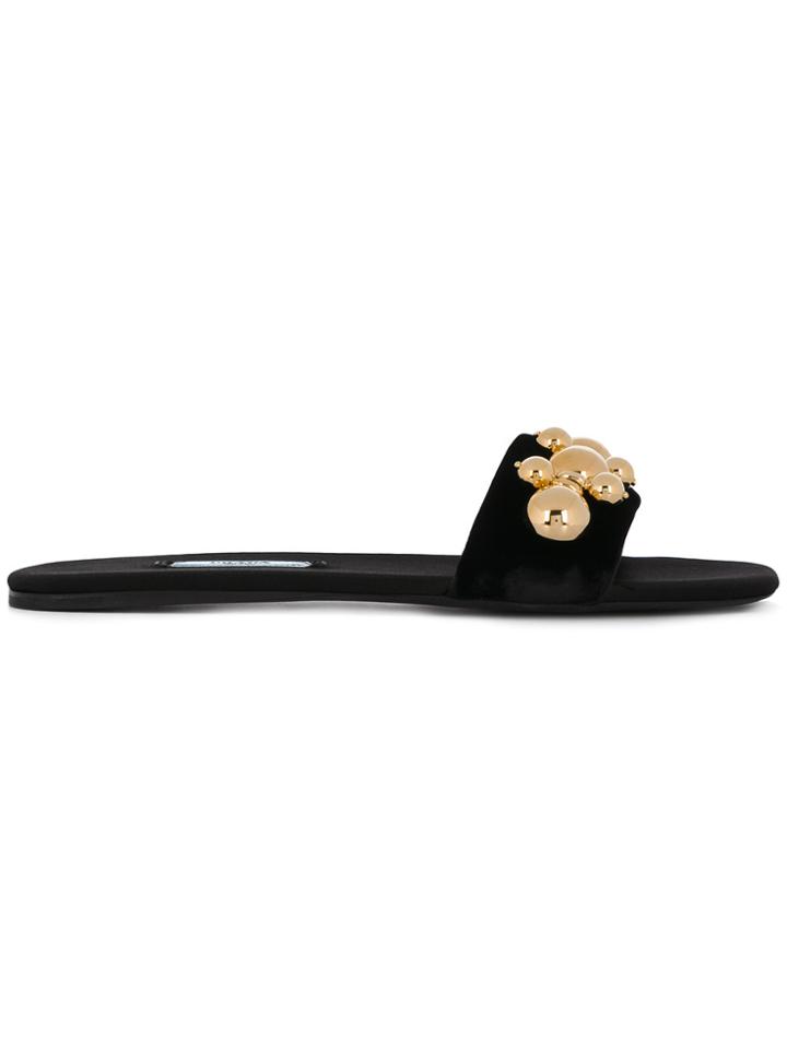 Prada Embellished Velvet Strap Slides - Black