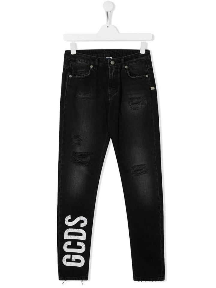 Gcds Kids Logo Distressed Jeans - Black